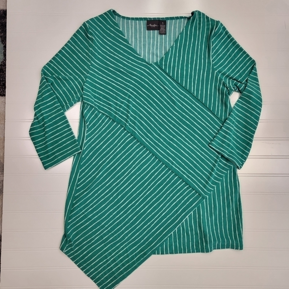Chico's Travelers kelly green striped stretch tunic top size 1 Medium